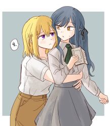 2girls ascot bang_dream! bang_dream!_it&#039;s_mygo!!!!! black_ribbon blonde_hair blue_background blue_hair book border brown_skirt collared_shirt commentary green_ascot grey_skirt hair_ribbon hashtag-only_commentary highres holding holding_book hug hug_from_behind korean_text long_hair long_sleeves misumi_uika multiple_girls parted_lips purple_eyes ribbon shirt short_sleeves simple_background skirt speech_bubble sweatdrop tears togawa_sakiko translation_request two_side_up white_border white_shirt yellow_eyes yrk_ev yuri