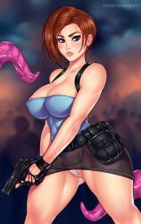 1girl ange1witch areola_slip artist_name black_gloves blue_eyes blue_tube_top breasts brown_hair fingerless_gloves gloves gun handgun holding holding_gun holding_weapon jill_valentine large_breasts looking_at_viewer microskirt paid_reward_available panties patreon_username resident_evil resident_evil_3:_nemesis short_hair skirt strapless tentacles tube_top underwear weapon white_panties