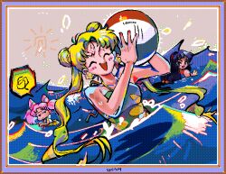 3girls ball beachball bishoujo_senshi_sailor_moon black_hair blonde_hair chibi_usa closed_eyes commentary cone_hair_bun double_bun earrings english_commentary flower_earrings green_one-piece_swimsuit hair_bun halterneck hino_rei holding holding_ball holding_beachball innertube jewelry miyako_(blue_archive) multiple_girls ocean one-piece_swimsuit partially_submerged pink_hair swim_ring swimsuit twintails vibnib