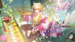 1girl arknights bare_shoulders blonde_hair braid branch brown_pants cherry_blossoms chinese_commentary choker closed_mouth coat colored_extremities commentary_request dragon_girl dragon_horns dragon_tail earrings flower fruit_earrings full_body green_eyes hair_between_eyes hair_intakes hair_over_shoulder highres holding horns jewelry lens_flare long_hair long_sleeves looking_at_viewer multicolored_hair necklace off_shoulder official_alternate_costume pants pink_coat pink_flower pointy_ears purple_hair sample_watermark shawl shu_(arknights) shu_(spring_feast)_(arknights) sitting smile solo sunlight tail tassel watermark white_hair white_shawl wind yellow_choker yiyu_wusheng