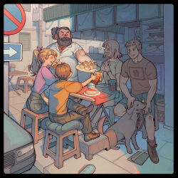 2girls 3boys alcohol steamed_bun beard beer black_hair blonde_hair blush chest_hair_peek chilchuck_tims closed_eyes day dog dungeon_meshi facial_hair falin_touden falin_touden_(tallman) fat fat_man food full_beard full_body happy highres holding holding_food istarling laios_touden long_hair marcille_donato mature_male multiple_boys multiple_girls outdoors pectoral_cleavage pectorals ponytail red_hair senshi_(dungeon_meshi) short_hair sitting smile steam tongue tongue_out