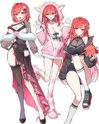 1girl =_hair_ornament absurdres akane_lize animal_hood animal_slippers arm_behind_back bandaid bandaid_on_knee bandaid_on_leg bare_shoulders black_dress black_eyes black_jacket black_shirt black_shoes black_shorts black_thighhighs blush breasts cat_hood chozgum cleavage collarbone commentary commission criss-cross_halter cross cross_earrings dress earrings flower fur-trimmed_dress fur_trim hair_between_eyes hair_flower hair_ornament halterneck hands_up high-waist_shorts high_heels highres hood hood_up hoodie jacket jewelry kneehighs korean_clothes large_breasts long_hair long_sleeves looking_at_viewer mole mole_under_eye multicolored_hair multiple_views off_shoulder open_hands open_mouth pienna_(akane_lize) pink_hoodie pink_slippers print_dress print_sleeves red_hair red_pupils see-through_cleavage see-through_clothes see-through_sleeves shirt shoes short_hair short_shorts shorts side_slit single_earring single_thighhigh sitting sleeveless sleeveless_shirt slippers smile sneakers socks spaghetti_strap standing standing_on_one_leg stellive streaked_hair thighhighs torn_clothes torn_shorts two-sided_dress two-sided_fabric very_long_hair virtual_youtuber white_background white_shirt white_socks