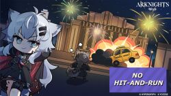 2girls aerial_fireworks anger_vein animal_ears arknights arms_behind_head arms_up black_jacket black_skirt brown_hair building car chibi closed_mouth copyright_name english_text explosion fireworks grey_eyes grey_hair hair_ornament hairclip hands_on_own_hips highres jacket lamppost lappland_(arknights) long_hair mabing motor_vehicle multiple_girls night night_sky official_art outdoors penance_(arknights) scar scar_across_eye scar_on_face second-party_source skirt sky smile v-shaped_eyebrows very_long_hair
