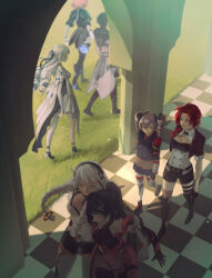 1boy 6+girls adam_(honkai_impact) ahoge blue_bow blue_jacket blue_skirt bob_cut bodysuit boots bow braid breasts bronya_zaychik bronya_zaychik_(silverwing:_n-ex) bronya_zaychik_(valkyrie_chariot) brown_coat checkered_floor cleavage cleavage_cutout closed_eyes closed_mouth clothing_cutout coat dress drill_hair dual_persona full_body grass grey_eyes grey_hair hair_bow highres honkai_(series) honkai_impact_3rd jacket kiana_kaslana kiana_kaslana_(white_comet) kneepits long_hair long_sleeves marina_mag medium_breasts multiple_girls murata_himeko murata_himeko_(battle_storm) pink_hair pleated_skirt purple_eyes purple_hair raiden_mei raiden_mei_(crimson_impulse) red_hair red_jacket shadow short_hair single_sleeve single_thighhigh skirt smile standing thigh_boots thighhighs tile_floor tiles timido_cute twin_braids twin_drills very_long_hair walking white_bodysuit white_dress white_hair white_sleeves white_thighhighs yellow_eyes