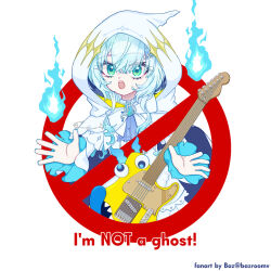 1girl bazroomv blue_eyes blue_hair bow bowtie cloak commentary_request dress electric_guitar english_text ghostbusters googly_eyes guitar highres hitodama hood hood_up hooded_cloak instrument kasukane_shino long_hair looking_at_viewer nanashi_inc. no_symbol open_mouth simple_background solo upper_body virtual_youtuber white_background white_bow white_bowtie white_cloak white_dress