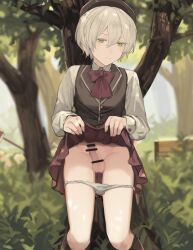 1boy bar_censor bishounen blonde_hair blush bow bowtie censored clothes_lift come_hither crossdressing erection green_eyes hat lifting_own_clothes male_focus original outdoors panties panty_pull penis school_uniform short_hair skirt solo sunaba_(nczd5875) trap underwear