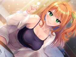 1girl bed bed_sheet black_camisole blurry blurry_background blush breasts brown_skirt camisole curtains dutch_angle eraser frown green_eyes highres indoors jacket long_hair looking_at_viewer medium_breasts mimikaki notebook orange_hair original pencil pillow see-through_clothes see-through_jacket side_ponytail sidelocks skirt solo super_nagoyaka table white_jacket