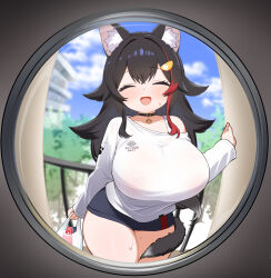 1girl animal_ear_fluff animal_ears asymmetrical_shirt bag black_hair blush breasts closed_eyes fisheye hair_ornament highres holding hololive huge_breasts impossible_clothes impossible_shirt kani_bonara leaning_forward long_hair looking_at_viewer multicolored_hair ookami_mio ookami_mio_(casual) open_mouth outdoors peephole plastic_bag pov_peephole red_hair shirt short_shorts shorts smile solo standing streaked_hair sweat tail tail_around_own_leg virtual_youtuber wolf_ears wolf_girl wolf_tail