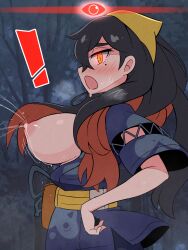 ! 1girl alpha_pokemon black_hair breasts carmine_(pokemon) hairband highres japanese_clothes kimono kurachi_mizuki lactation large_breasts long_hair looking_at_viewer nintendo nipples pokemon pokemon_sv red_eyes solo sweat