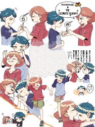 ... 2girls aged_down blue_eyes blue_hair child closed_eyes cropped_torso english_text eye_contact fang green_eyes grin gundam gundam_suisei_no_majo head_wreath highres holding_hands hood hoodie kiss kissing_forehead kissing_hand licking_lips looking_at_another marriage_proposal multiple_girls mutsunohinan norea_du_noc nut_(hardware) orange_hair remembering running scratching_stomach shirt shoes short_hair shorts simple_background smile sneakers sophie_pulone speech_bubble spoken_ellipsis t-shirt tongue tongue_out translation_request white_background yuri
