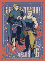 2boys armor bare_shoulders black_shirt black_shoes blonde_hair blue_cape blue_eyes blue_tank_top boots brass_knuckles brothers cape character_name dated drill edgar_roni_figaro english_text facial_hair final_fantasy final_fantasy_vi hair_ribbon hand_on_own_hip holding holding_power_drill long_hair looking_at_viewer low_ponytail male_focus multi-tied_hair multiple_boys over_shoulder pants ponytail ribbon sabin_rene_figaro sash shirt shoes siblings sleeves_past_wrists smile standing stubble tank_top tassel-trimmed_cape twins uedymummy0921 waist_sash weapon weapon_over_shoulder white_boots yellow_pants