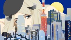 1boy beret black_eyes blonde_hair blue_background city covered_mouth elmakagetsu eye_reflection giant grey_hat hat highres long_hair male_focus metaphor:_refantazio more_(metaphor:_refantazio) reflection solo spoilers tokyo_(city) tokyo_tower