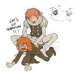 Rule 34 | 2boys, 97ttwwaazz, all fours, clown, commentary, english commentary, english text, fang, freckles, full body, glasses, highres, horseback riding, male focus, multiple boys, orange hair, randal&#039;s friends, randal ivory, riding, running, sebastian de tomato smith chicken legs, short hair, simple background, sweat, tongue, tongue out, white background