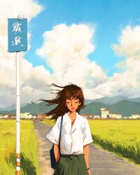 1girl bead_necklace beads bird blue_sky brown_hair closed_eyes cloud cloudy_sky collared_shirt commentary cowboy_shot cumulonimbus_cloud day english_commentary field floating_hair grass green_skirt hand_in_pocket highres jewelry lipstick long_hair makeup mountainous_horizon necklace open_collar original outdoors road road_sign rural sam_yang shirt shirt_tucked_in short_sleeves sign skirt sky solo standing straight-on v-neck village white_bird white_shirt wind wristband