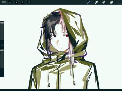 Rule 34 | 1boy, art program in frame, black eyes, black hair, by12y, chinese commentary, closed mouth, commentary request, curtained hair, eyepatch, green jacket, heterochromia, highres, hood, hood up, hooded jacket, jacket, male focus, multicolored hair, mutsushika misumi, parted bangs, pink hair, procreate (medium), procreate (software), red eyes, saibou shinkyoku, short hair, simple background, solo, split-color hair, unworn eyepatch, upper body, white background