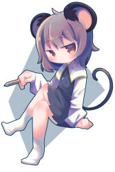 1girl animal_ear_fluff animal_ears blush brown_eyes capelet commentary_request cookie_(touhou) dress expressionless flat_chest full_body grey_background grey_dress grey_hair highres holding holding_pencil kofji_(cookie) long_sleeves looking_at_viewer medium_hair melanin_shikiso mouse_ears mouse_girl mouse_tail nazrin no_shoes open_mouth pencil shirt simple_background socks solo tail touhou two-tone_background white_background white_capelet white_shirt white_socks