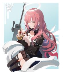1girl absurdres arknights black_jacket black_thighhighs brown_skirt chinese_commentary closed_mouth commentary_request cropped_legs cup dessert eyes_visible_through_hair food gun halo highres holding holding_cup holding_food jacket jewelry laterano_logo lemuen_(arknights) long_hair long_sleeves looking_at_viewer necklace pink_eyes pink_hair pleated_skirt pota_douzhi profile rifle shirt sidelocks sitting skirt smile sniper_rifle solo thighhighs traditional_halo weapon white_halo white_shirt