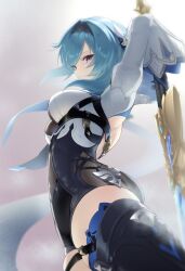 1girl arms_up black_hairband black_shorts blue_hair blue_necktie boots breasts cheeeese_tara5 chest_harness eula_(genshin_impact) from_side genshin_impact grey_background hairband harness high-waist_shorts highres holding holding_behind_back holding_sword holding_sword_behind_back holding_weapon holding_weapon_behind_back long_sleeves looking_at_viewer medium_breasts medium_hair necktie shorts solo song_of_broken_pines_(genshin_impact) sword thigh_boots weapon white_sleeves wide_sleeves