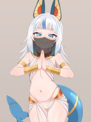1girl absurdres alternate_costume animal_ears armlet bare_shoulders bikini blue_eyes blue_hair blunt_bangs commentary cowboy_shot dated_commentary egyptian_trend_(meme) fins fish_tail flat_chest gawr_gura gold_bikini gold_bracer highres hololive hololive_english jewelry long_hair looking_at_viewer meme micro_bikini mingkozus mouth_veil multicolored_hair navel palms_together pelvic_curtain shark_tail simple_background smile solo stomach streaked_hair swimsuit tail two-tone_hair usekh_collar veil virtual_youtuber white_hair