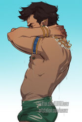 1boy bara black_panther:_wakanda_forever cowboy_shot dark-skinned_male dark_skin earrings from_side green_male_swimwear groin jewelry male_focus male_swimwear marvel_cinematic_universe mature_male mto namor nipples pectorals pointy_ears profile short_hair solo swim_briefs thick_eyebrows toned toned_male topless_male tribal