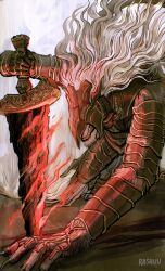 1boy armor artist_name aura commentary covered_eyes dark_aura elden_ring english_commentary furry furry_male helm helmet highres holding holding_sword holding_weapon male_focus maliketh_the_black_blade open_mouth rashuu sharp_teeth sword teeth twitter_username wavy_hair weapon white_hair