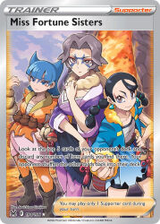 3girls artist_name black_hair blue_eyes blue_hair blue_jacket boots brown_boots brown_eyes card_(medium) charm_(pokemon) chest_sarashi closed_mouth cloud clover_(pokemon) coin_(pokemon) company_name copyright_name copyright_notice creatures_(company) english_text eyelashes eyeshadow facepaint game_freak grey_hair gunjima_souichirou hisuian_poke_ball jacket lava long_hair makeup multiple_girls nintendo official_art open_clothes open_jacket outdoors poke_ball pokemon pokemon_card pokemon_legends:_arceus pokemon_tcg pouch sarashi short_hair sky smile standing third-party_source trading_card twintails
