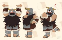 1boy absurdres arms_up beard bread closed_eyes dungeon_meshi dwarf facial_hair fake_horns food full_body helmet highres horned_helmet horns loaf_of_bread long_beard loving_aura male_focus multiple_views mustache own_hands_together sanpaku senshi_(dungeon_meshi) standing tareme thick_mustache thinking u_u very_long_beard vickriarts