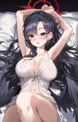 1girl absurdres alternate_costume armpits arms_behind_head bare_arms black_hair black_wings blue_archive blush breasts cleavage feathered_wings grey_eyes hair_behind_ear hair_ornament hairclip hido88 highres ichika_(blue_archive) large_breasts long_hair looking_at_viewer lying navel nightgown on_back open_mouth solo sweatdrop white_nightgown wings