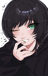 Rule 34 | 1girl, absurdres, black hair, black hoodie, green eyes, green nails, hand up, highres, hood, hoodie, koucha (pankeki koucha), looking at viewer, original, short hair, solo, tomboy, upper body, white background, wolf cut