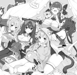 &gt;_&lt; 6+girls ahoge animal_ear_fluff animal_ears arashio_(azur_lane) ark_royal_(azur_lane) asashio_(azur_lane) azur_lane bad_id bad_pixiv_id bell blunt_bangs blush breasts cat_ears cat_girl cat_tail cheshire_(azur_lane) cleavage food greyscale highres i-19_(azur_lane) japanese_clothes jingle_bell kisaragi_(azur_lane) large_breasts monochrome multiple_girls neck_bell open_mouth parted_bangs parted_lips piwka pudding rigging sailor_collar ship_turret skindentation tail thighhighs utensil_in_mouth white_thighhighs yuubari_(azur_lane)