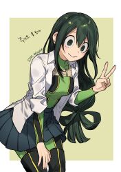 Rule 34 | 1girl, :&gt;, absurdres, asui tsuyu, bodysuit, boku no hero academia, green bodysuit, green eyes, green hair, hair rings, highres, korean text, long hair, long sleeves, looking at viewer, misa (jjin miryeon), pleated skirt, shirt, skirt, solo, translation request, v, white shirt