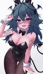1girl ahoge animal_ear_hairband animal_ears arm_tattoo artist_name aruna_reaver black_bow black_bowtie black_leotard black_nails blue_eyes bow bowtie breasts cleavage commission covered_navel demon_tail detached_collar fake_animal_ears fangs glasses green_hair hair_between_eyes hairband head_wings heterochromia highres indie_virtual_youtuber leg_tattoo leotard long_hair open_mouth pantyhose pink_eyes playboy_bunny rabbit_ear_hairband rabbit_ears rectangular_eyewear solo strapless strapless_leotard tail tattoo virtual_youtuber white_wrist_cuffs wings wrist_cuffs zxcsque