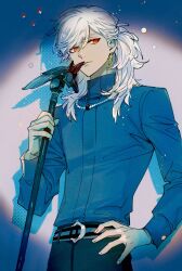 1boy abyssosque12 bead_necklace beads belt black_belt black_pants cane commentary_request cyno_(genshin_impact) cyno_(resplendent_feast)_(genshin_impact) drop_shadow earrings genshin_impact gold_earrings grey_hair hair_between_eyes hair_over_one_eye hand_on_own_hip highres holding holding_cane jewelry licking long_sleeves looking_at_another male_focus medium_hair necklace orange_eyes pants ponytail shirt solo spotlight tan tassel turtleneck turtleneck_shirt
