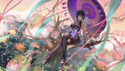 1girl arm_support asymmetrical_gloves bare_shoulders blue_dress blue_hair bob_cut breasts crossed_legs diagonal_bangs dice dress elbow_gloves falling_petals feather-trimmed_jacket feather_collar floral_print fur-trimmed_jacket fur_trim genshin_impact gloves green_eyes high_heels highres holding holding_umbrella jacket jacket_on_shoulders jewelry large_breasts mismatched_gloves multicolored_hair neck_ring neck_tassel parasol pelvic_curtain petals scenery shiozawahoushou short_hair single_elbow_glove sitting solo tassel tassel_choker tree umbrella water white_jacket yelan_(genshin_impact)