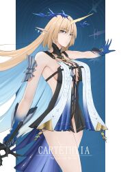 1girl absurdres bare_shoulders black_collar black_dress blonde_hair blue_eyes blue_hair breasts character_name closed_mouth collar colored_inner_hair commentary cowboy_shot crown_of_thorns dress earrings english_commentary fleurdelys_(wuthering_waves) floating_earrings highres holding holding_sword holding_weapon horns jewelry large_breasts long_horns looking_at_viewer multicolored_hair necklace outstretched_arm pointy_ears razes sidelocks single_horn solo sword tabard thighs weapon white_tabard wuthering_waves yellow_horns
