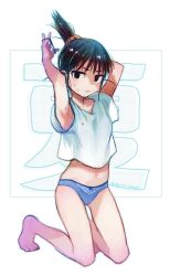 1girl barefoot black_eyes black_hair blue_panties full_body genshiken highres hot kitaya kneeling looking_at_viewer no_pants ogiue_chika panties shirt short_hair solo sweat tying_hair underwear white_shirt