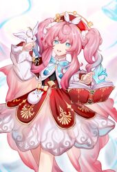 1girl absurdres aqua_bow aqua_bowtie aqua_eyes aqua_hair bird bird_on_hand book bow bowtie chinese_commentary commentary_request dress du_li hat highres honkai:_star_rail honkai_(series) hyacine_(honkai:_star_rail) long_hair multicolored_hair open_book open_mouth red_dress red_hat smile solo twintails two-tone_hair white_background