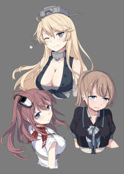 Rule 34 | 3girls, :d, bad id, bad pixiv id, bare shoulders, blonde hair, blue eyes, breasts, brown hair, cleavage, cnm, collarbone, dress, front-tie top, grey background, hair between eyes, high side ponytail, highres, intrepid (kancolle), iowa (kancolle), kantai collection, large breasts, long hair, multiple girls, one eye closed, open mouth, parted lips, ponytail, saratoga (kancolle), short hair, short sleeves, side ponytail, simple background, smile, star-shaped pupils, star (symbol), symbol-shaped pupils, white dress