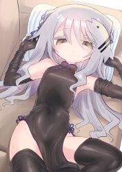 1girl armpits bare_shoulders black_dress black_gloves black_thighhighs breasts china_dress chinese_clothes commentary_request couch covered_navel cushion dress elbow_gloves gloves grey_hair highres kyuusui_gakari long_hair looking_at_viewer lying on_couch original pelvic_curtain pillow side_slit sleeveless sleeveless_dress small_breasts solo thighhighs yellow_eyes zettai_ryouiki