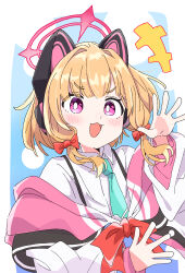 +++ 1girl :3 :d absurdres animal_ear_headphones animal_ears aqua_necktie blonde_hair blue_archive blue_background blush border bow bright_pupils cat_ear_headphones cat_ears collared_shirt commentary cropped_torso dot_nose dotted_background fake_animal_ears fill_(fill_lemonn) floating_hair gradient_background hair_bow halo hands_up headphones highres jacket long_sleeves looking_at_viewer low-tied_sidelocks medium_hair momoi_(blue_archive) multicolored_jacket necktie off_shoulder open_hands open_mouth outside_border pink_eyes pink_halo pink_jacket red_bow school_uniform shirt sidelocks smile solo spread_fingers suspenders two-tone_background upper_body v-shaped_eyebrows white_border white_pupils white_shirt