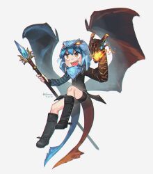 1girl :d absurdres black_boots black_jacket black_shorts blue_hair boots commentary dota_(series) dota_2 dragon_girl dragon_tail dragon_wings english_commentary full_body grey_background highres holding holding_scepter jacket jakiro_(dota) knee_boots long_sleeves open_mouth porforever scepter sharp_teeth short_hair shorts simple_background smile solo tail teeth v-shaped_eyebrows wings yellow_eyes