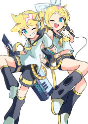 1boy 1girl :d absurdres aqua_eyes bakeneko1212 belt bishounen black_leg_warmers black_sailor_collar black_shorts blonde_hair bow bow_hairband brother_and_sister collarbone commentary cowlick crop_top crop_top_overhang dynamic_pose grin hair_between_eyes hair_bow hair_ornament hairband hairclip hand_on_own_hip headset high_ponytail highres holding holding_instrument holding_microphone instrument kagamine_len kagamine_rin keytar leg_warmers lightning_bolt_symbol locked_arms looking_at_viewer medium_hair microphone midriff navel neckerchief necktie open_mouth outline ponytail sailor_collar shirt shoes short_ponytail short_shorts shorts siblings simple_background smile spiked_hair teeth thighs twins upper_teeth_only vocaloid white_background white_outline white_shirt white_shoes yellow_belt yellow_neckerchief yellow_necktie