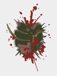 1boy arthropod_limbs black_gloves blood blood_splatter clenched_hand crushing death explosion gloves guro holding holding_mini_person limbus_company male_focus mini_person murder project_moon rooker_repair solo squeezing