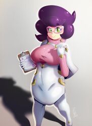 1girl artbenbeau benbeau big_hair breasts capelet clefairy creatures_(company) game_freak gen_1_pokemon glasses gloves green_eyes high-waist_skirt holding holding_notepad holding_pen large_breasts long_sleeves medium_skirt nintendo notepad pen pencil_skirt pink-framed_eyewear pink_sweater pokemon pokemon_sm purple_hair ribbed_sweater short_hair skirt smile solo sweater sweater_guard thighhighs turtleneck turtleneck_sweater white_capelet white_gloves white_skirt white_thighhighs wicke_(pokemon)