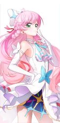 Rule 34 | 1girl, absurdres, ascot, bow, braid, brooch, cure prism, cut bangs, dress, dress bow, elbow gloves, glove bow, gloves, green eyes, hair bow, highres, hirogaru sky! precure, jewelry, layered dress, long hair, looking at viewer, magical girl, medium dress, minchyae, nijigaoka mashiro, pink hair, precure, side braids, simple background, smile, very long hair, white ascot, white background, white bow, white dress, white gloves, wing brooch