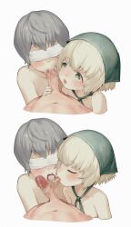 1girl 2boys babu bisexual_male blindfold blonde_hair censored character_request cooperative_fellatio cum cum_in_mouth cum_on_tongue cum_swap emil_(nier) fellatio green_eyes grey_background grey_hair group_sex highres loli mmf_threesome mosaic_censoring multiple_boys nier nier_(series) oral penis short_hair shota simple_background teamwork_(sexual) threesome tongue tongue_out yaoi yonah