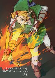 Rule 34 | 1boy, 2023, absurdres, arrow (projectile), belt, blonde hair, blue eyes, boots, bow (weapon), fingerless gloves, fire, from above, gauntlets, gloves, hat, highres, link, master sword, nintendo, one eye closed, pointy ears, shield, shield on back, shrub mtg, solo, the legend of zelda, the legend of zelda: ocarina of time, tunic, weapon
