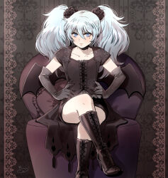 1boy alternate_costume alternate_hairstyle bat_wings black_boots black_coat black_corset black_flower black_gloves black_rose black_shorts blue_eyes blue_hair boots coat corset crossdressing crossed_legs demon_wings duster elbow_gloves eyeliner flower frown full_body gloves hair_flower hair_ornament halloween_costume hands_on_own_hips knee_boots long_hair looking_at_viewer makeup male_focus mizuhara_aki mole mole_under_eye pisces_aphrodite red_eyeliner rose saint_seiya short_shorts short_sleeves shorts sitting solo swivel_chair trap twintails v-shaped_eyebrows wings