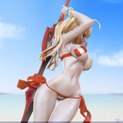 1girl 3d aestus_estus ahoge arm_up armpits arms_behind_head bikini blush bracelet breasts cameltoe fate/grand_order fate_(series) female_focus highres holding holding_sword holding_weapon jewelry leslyzerosix long_hair navel nero_claudius_(fate) nero_claudius_(swimsuit_caster)_(fate) solo striped_bikini striped_clothes swimsuit sword weapon yellow_eyes