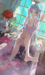 1girl absurdres ahoge alternate_costume arm_up bare_legs barefoot breasts buri_(retty9349) carlotta_(wuthering_waves) cleavage collarbone commentary_request crossed_legs feet grey_eyes grey_hair highres indoors korean_commentary large_breasts legs long_hair looking_at_viewer parted_bangs parted_lips petals petals_on_liquid red_petals sitting smile solo toes vase very_long_hair wuthering_waves